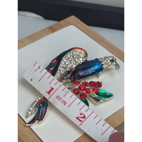 Vintage Rhinestone Eagle hawk Brooch With Red & Green Accents - Picture 4 of 9